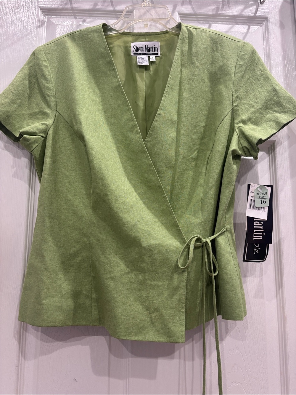 Sheri Martin Light Green Wrap Short Sleeve Blouse with Side Tie